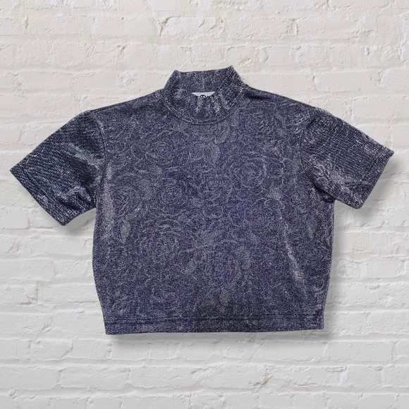 Kamae Paris Metallic Blue Mock Neck Crop Top with Floral Rose Pattern - Picture 1 of 3